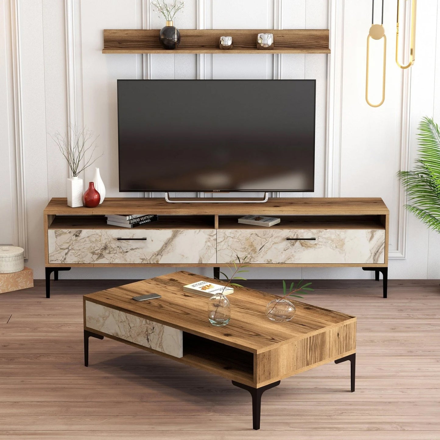 Living Room Composition Hm11855.02 2pcs Walnut-white Marble