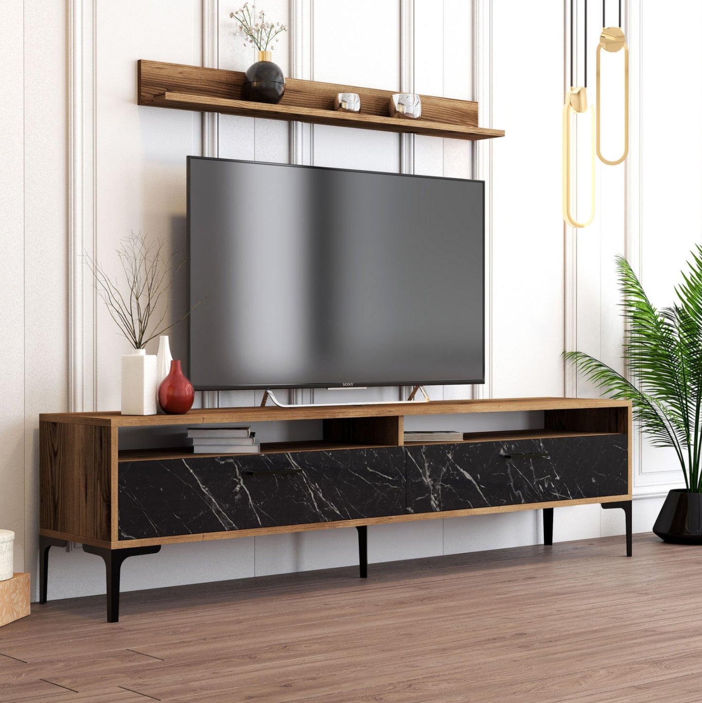 Living Room Composition Hm11855.01 2pcs Melamine In Walnut-black Marble