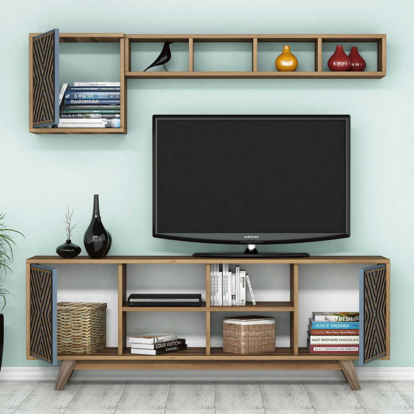 Living Room Composition Hm11853.02 2pcs Melamine In Walnut-blue