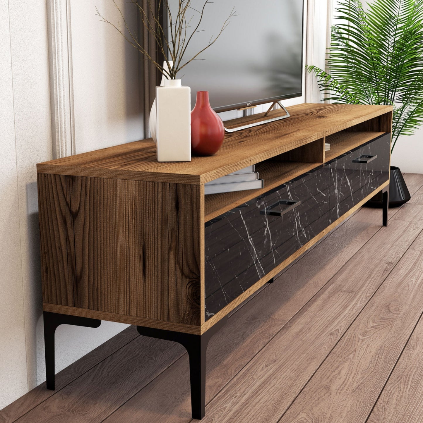 Living Room Composition Hm11855.01 2pcs Melamine In Walnut-black Marble