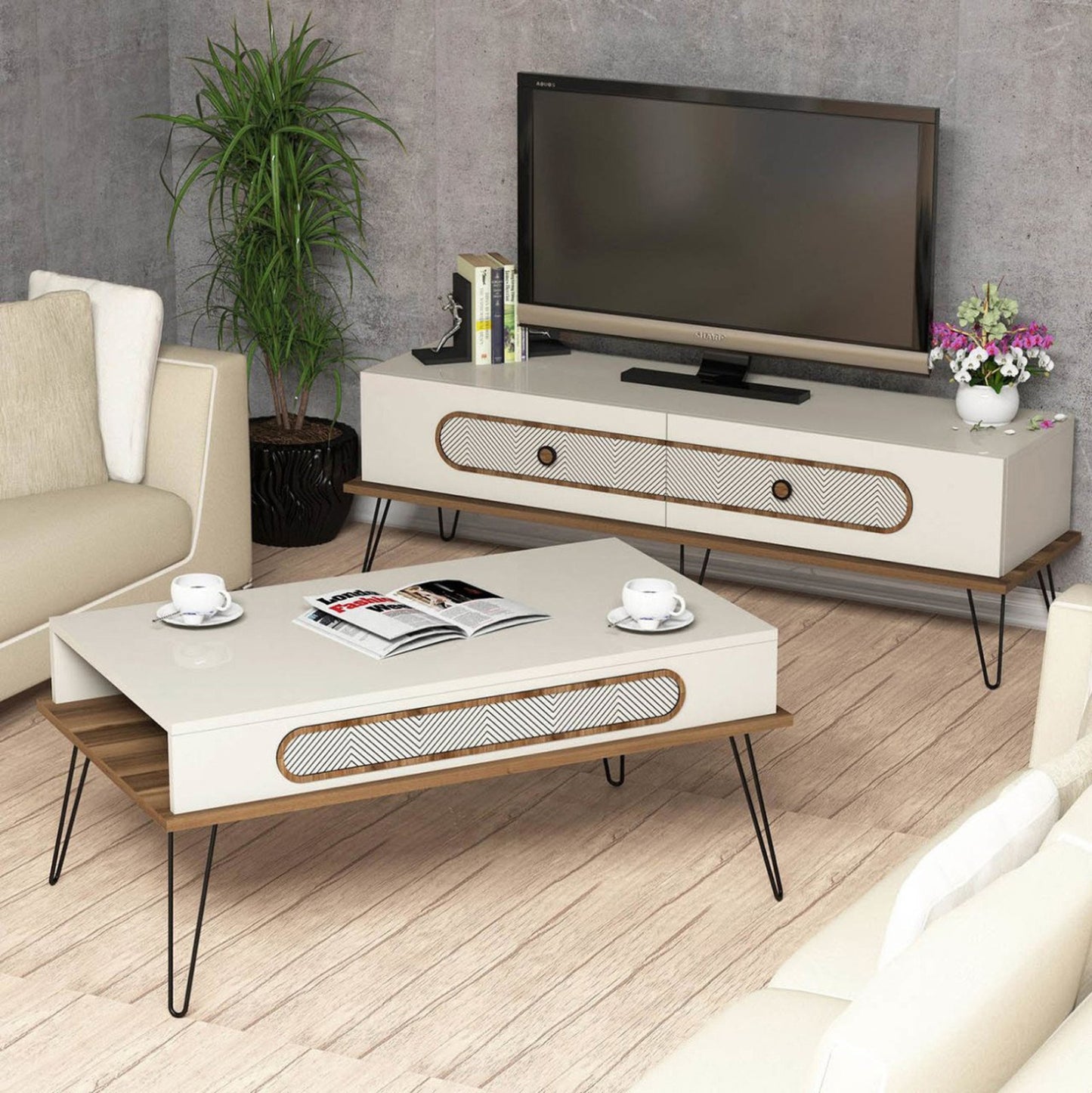 Living Room Composition Hm11851.01 2pcs Melamine In Cream-walnut