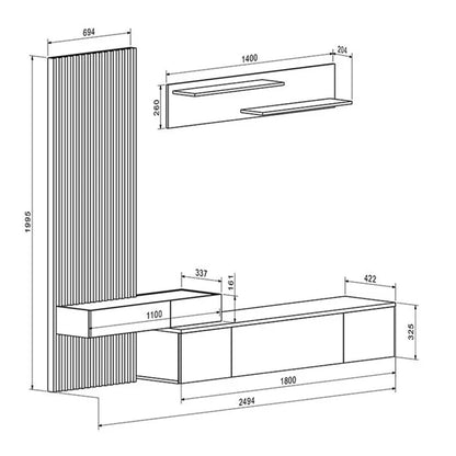 Tv Furniture Combo Dort Hm18076.02 Melamine In Sonama-dark Grey 249.5x42.2x199.5hcm.