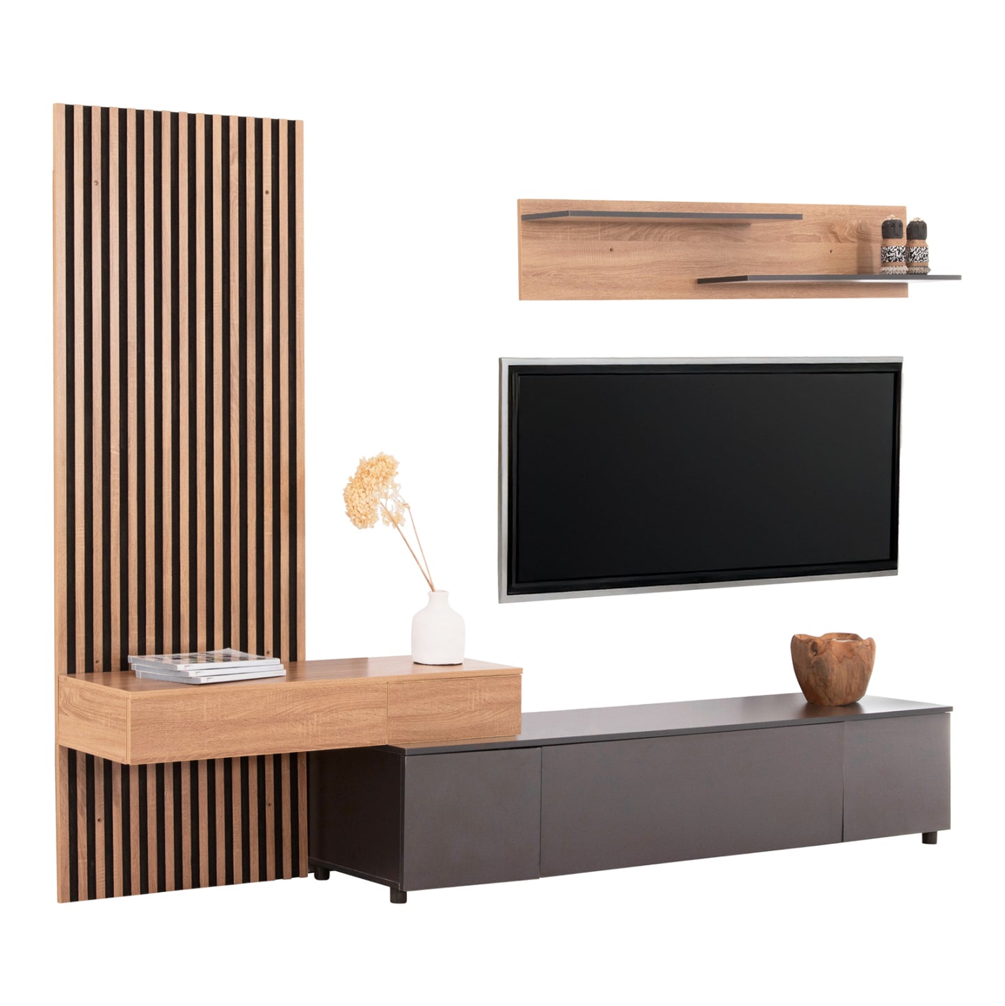 Tv Furniture Combo Dort Hm18076.02 Melamine In Sonama-dark Grey 249.5x42.2x199.5hcm.