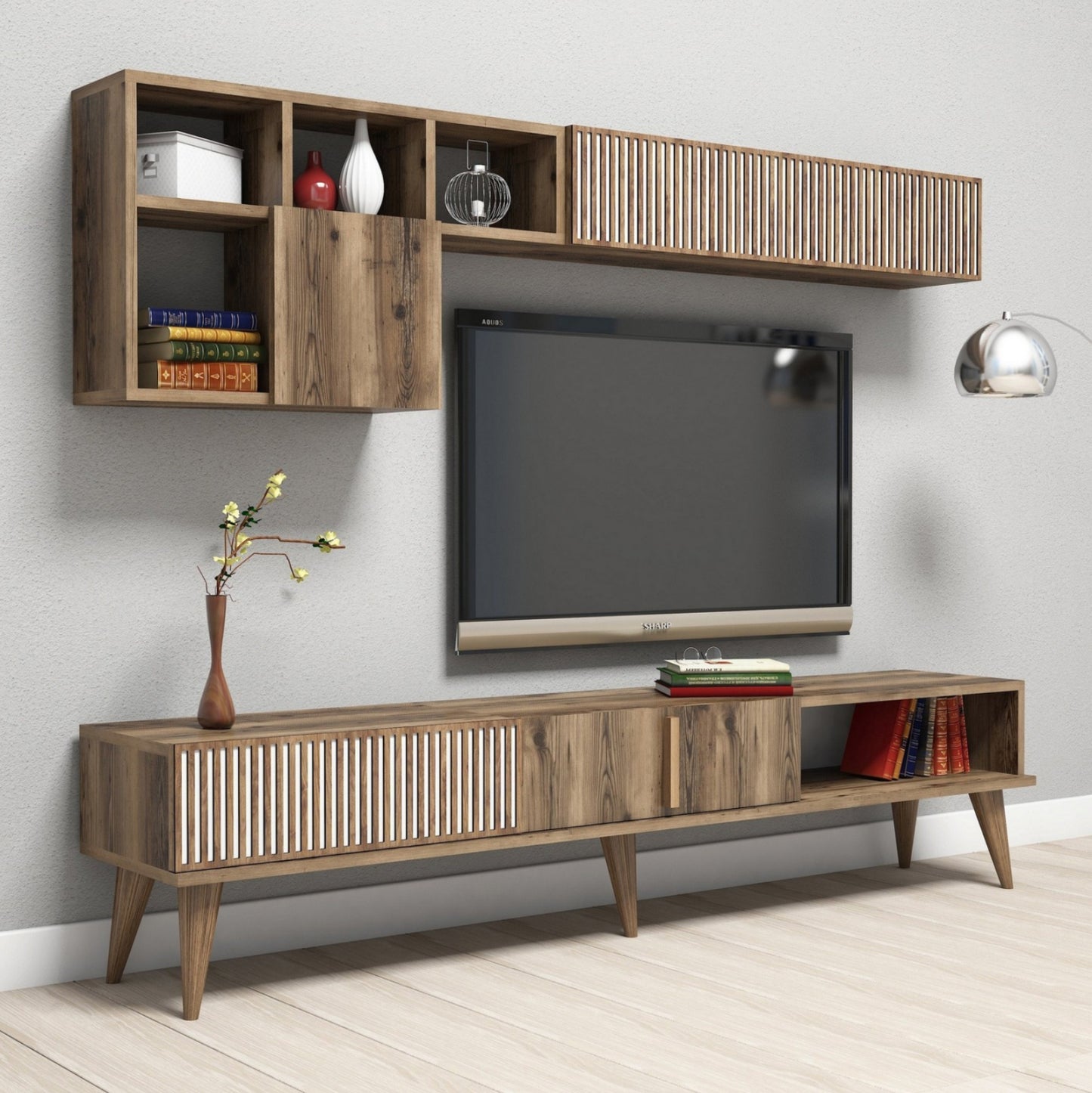 Tv Furniture Set Hm9438.02 Melamine In Walnut-white 180x35x40hcm.