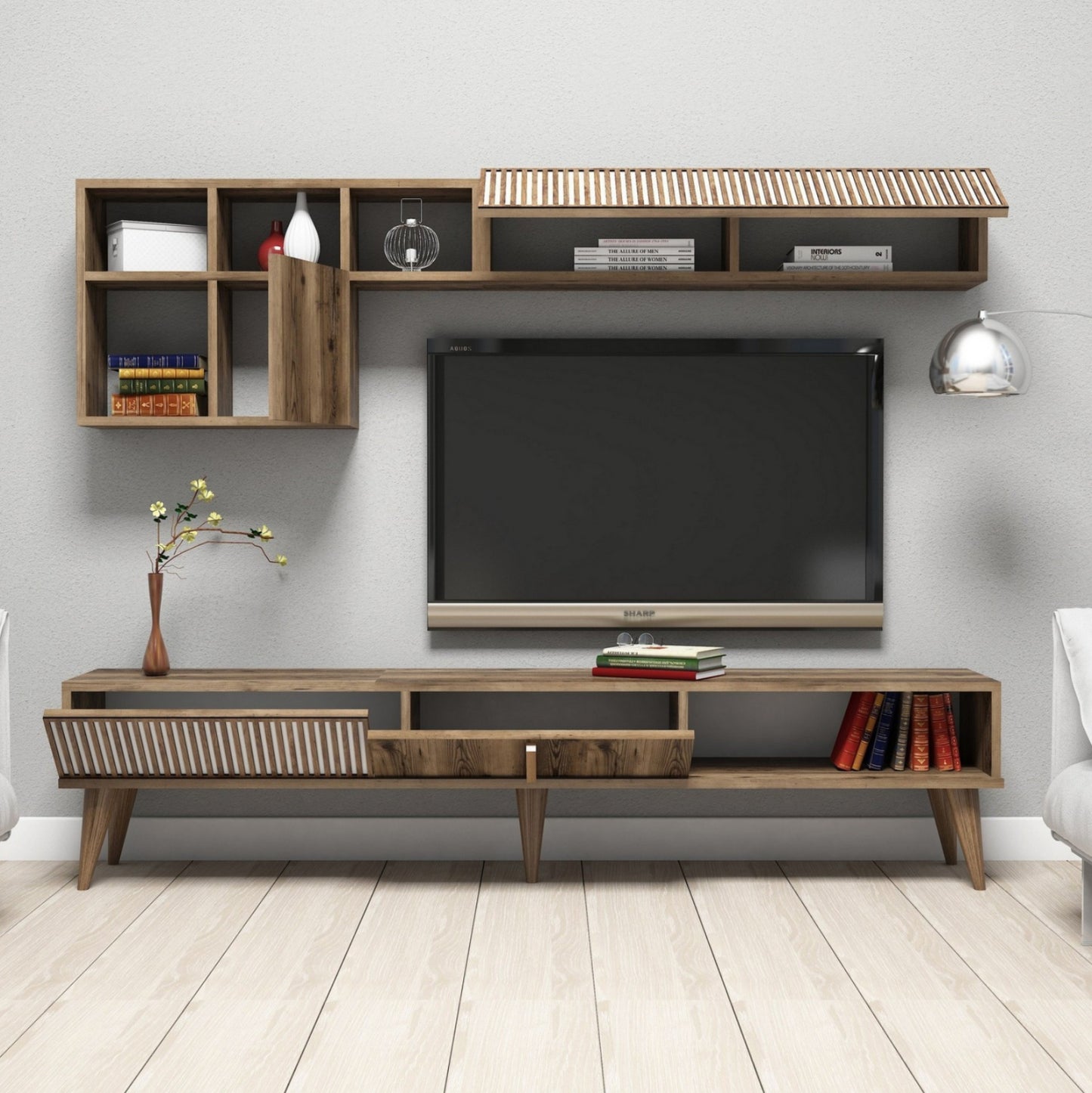 Tv Furniture Set Hm9438.02 Melamine In Walnut-white 180x35x40hcm.