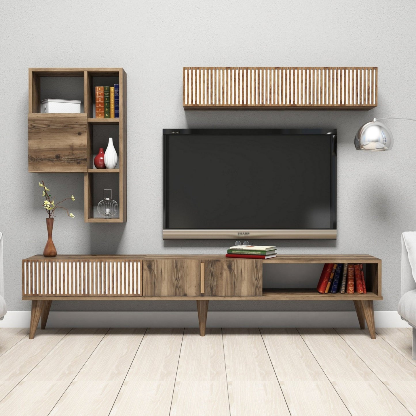Tv Furniture Set Hm9438.02 Melamine In Walnut-white 180x35x40hcm.