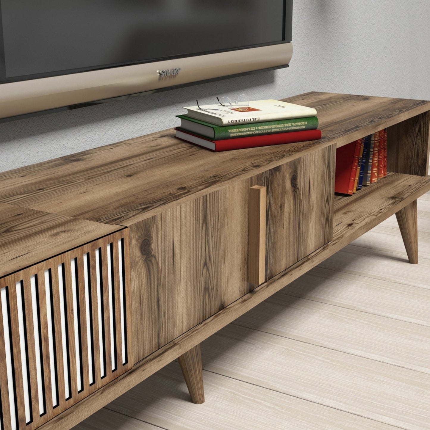 Tv Furniture Set Hm9438.02 Melamine In Walnut-white 180x35x40hcm.