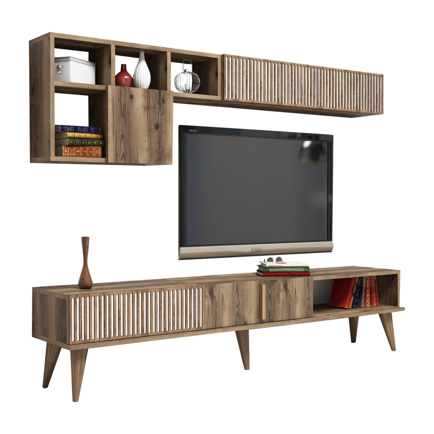 Tv Furniture Set Hm9438.02 Melamine In Walnut-white 180x35x40hcm.