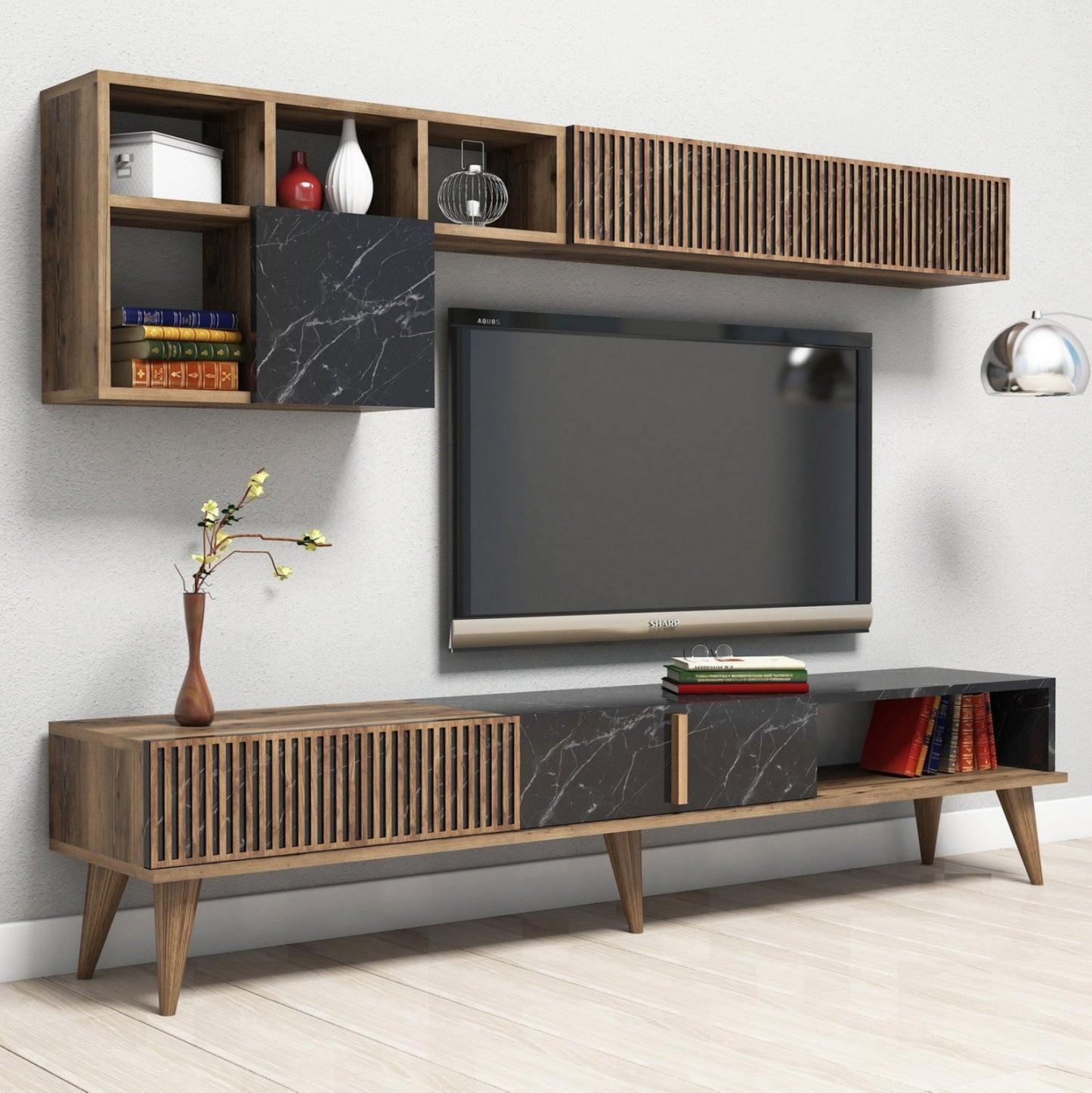 Tv Furniture Set Hm9438.03 Melamine In Walnut-black Marble 180x35x40hcm.