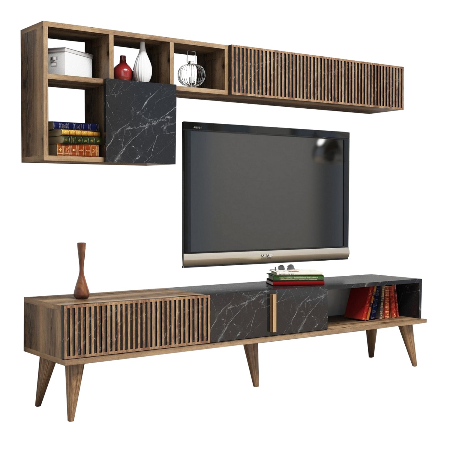Tv Furniture Set Hm9438.03 Melamine In Walnut-black Marble 180x35x40hcm.