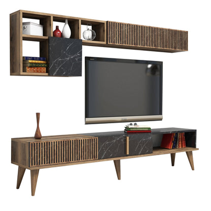 Tv Furniture Set Hm9438.03 Melamine In Walnut-black Marble 180x35x40hcm.