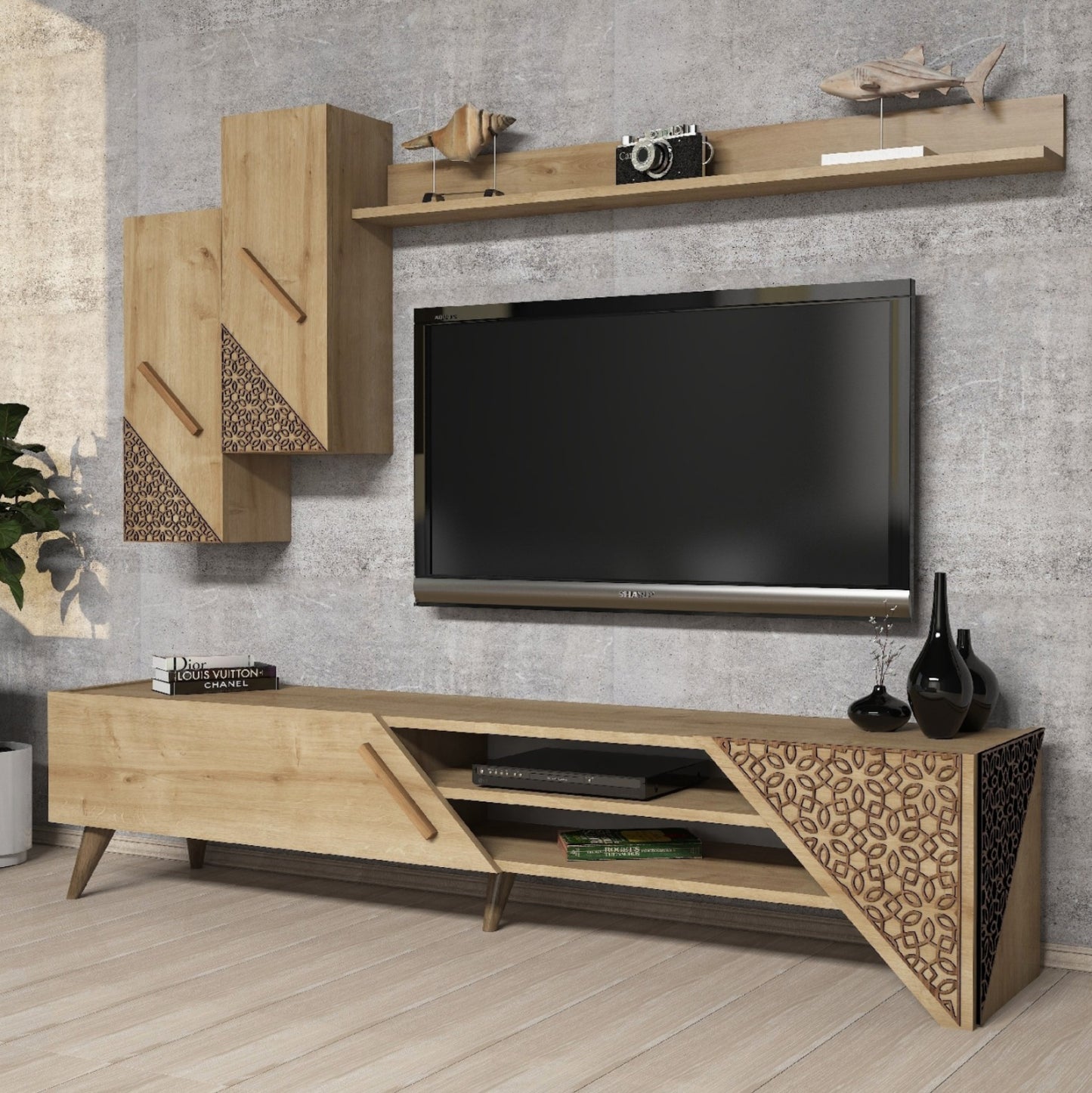 Tv Combo Furniture Hm9514.01 Melamine In Natural Oak Color 180x37x40hcm