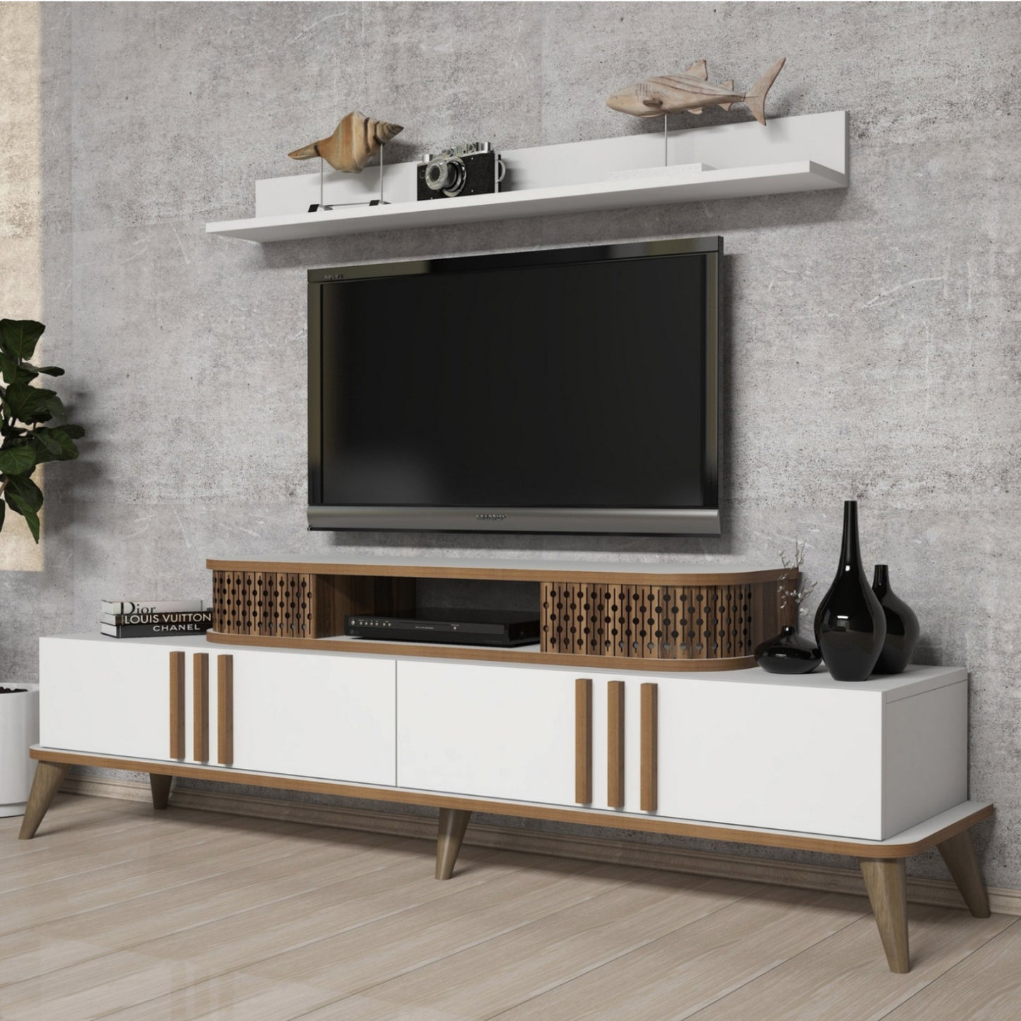 Tv Combo Furniture Hm9515.03 Melamine In White & Walnut Color 168x39x51.6hcm