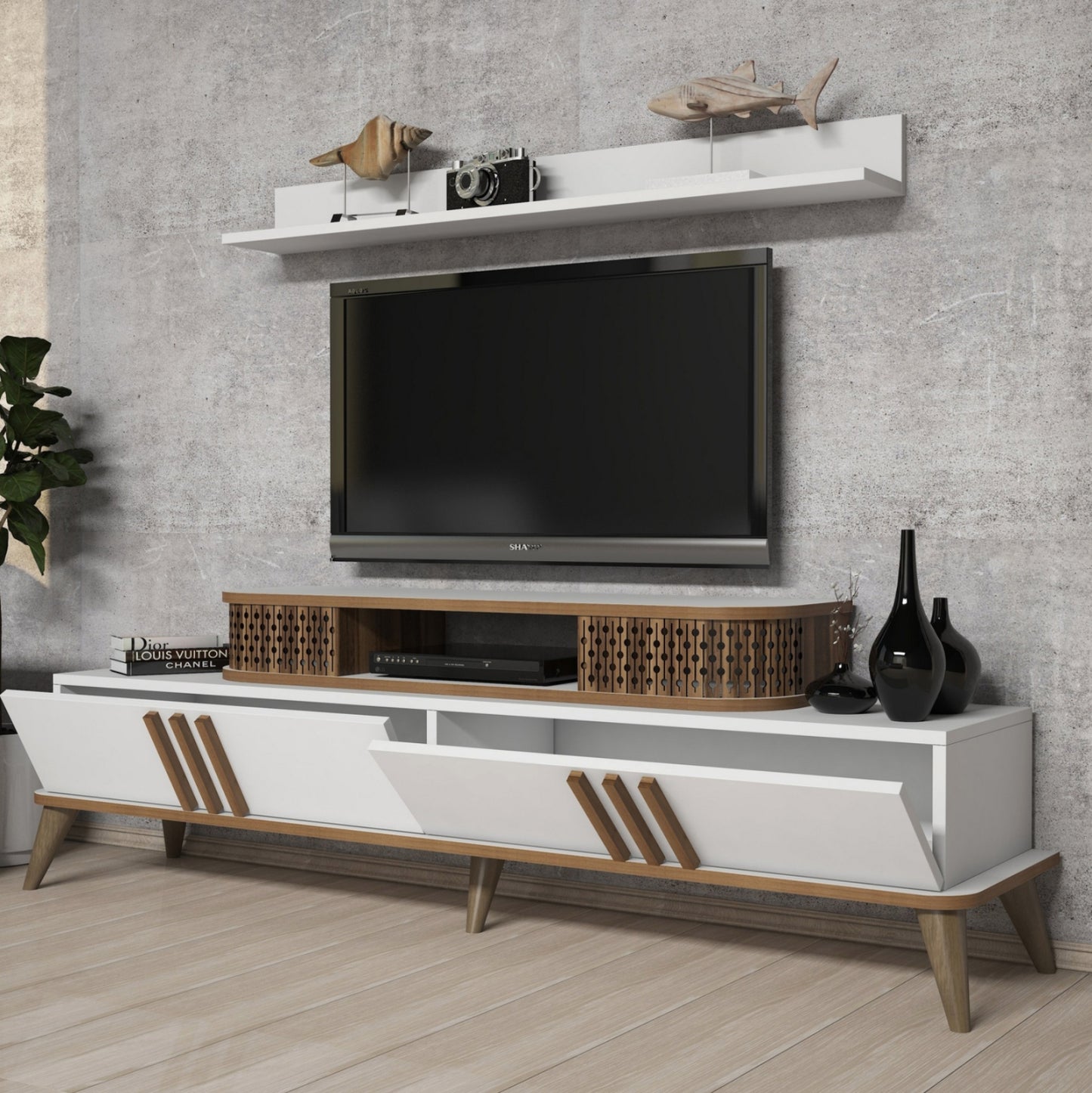 Tv Combo Furniture Hm9515.03 Melamine In White & Walnut Color 168x39x51.6hcm