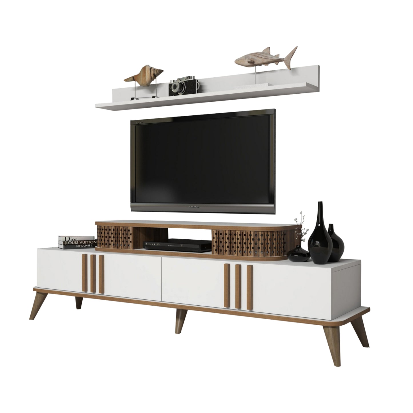 Tv Combo Furniture Hm9515.03 Melamine In White & Walnut Color 168x39x51.6hcm