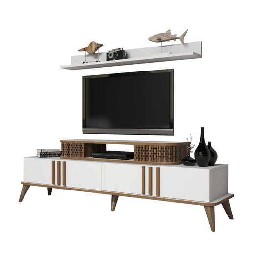 Tv Combo Furniture Hm9515.03 Melamine In White & Walnut Color 168x39x51.6hcm
