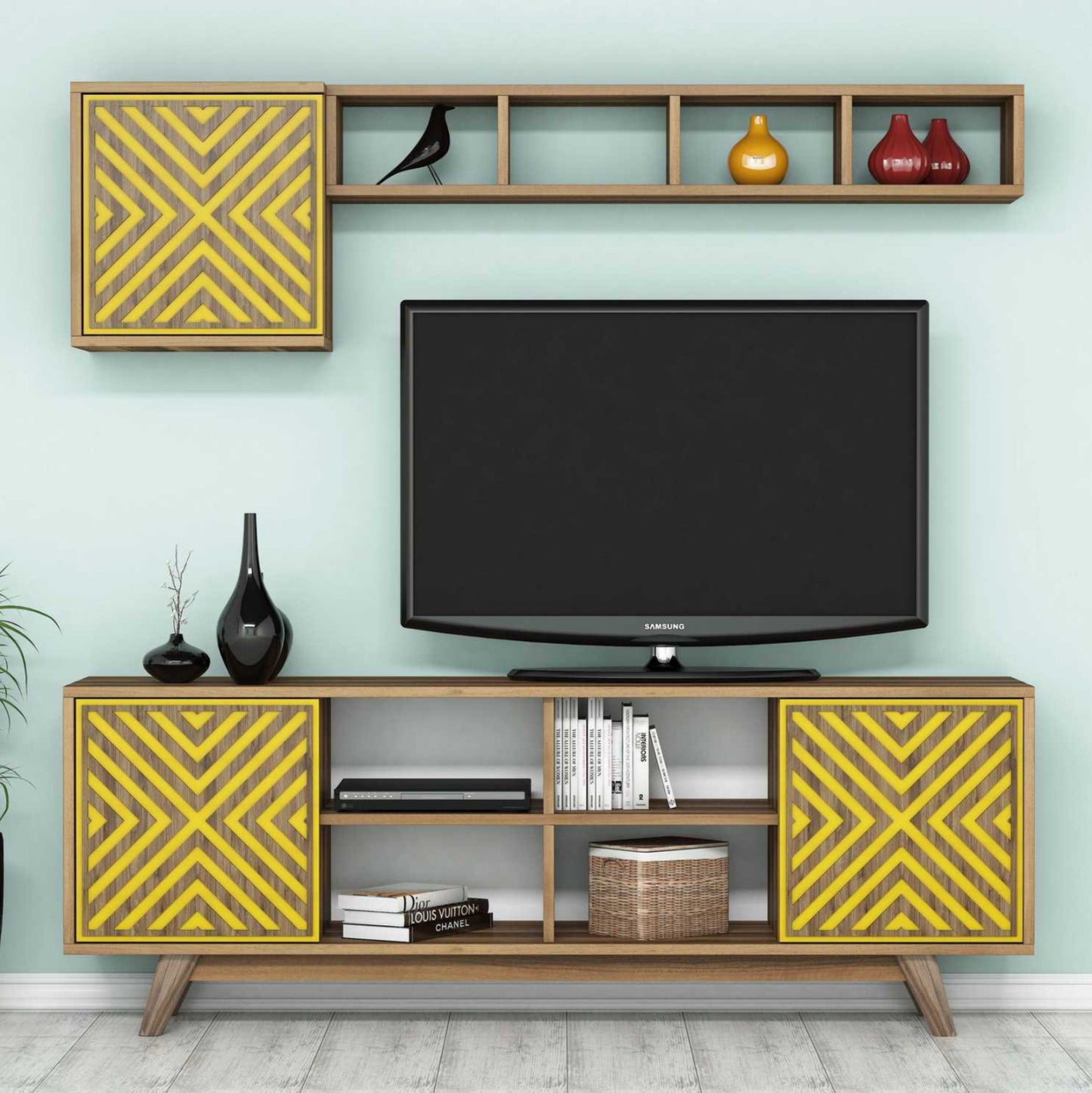 Tv Furniture Set Hm9516.04 Melamine In Walnut And Yellow 160x35x56.2hcm.