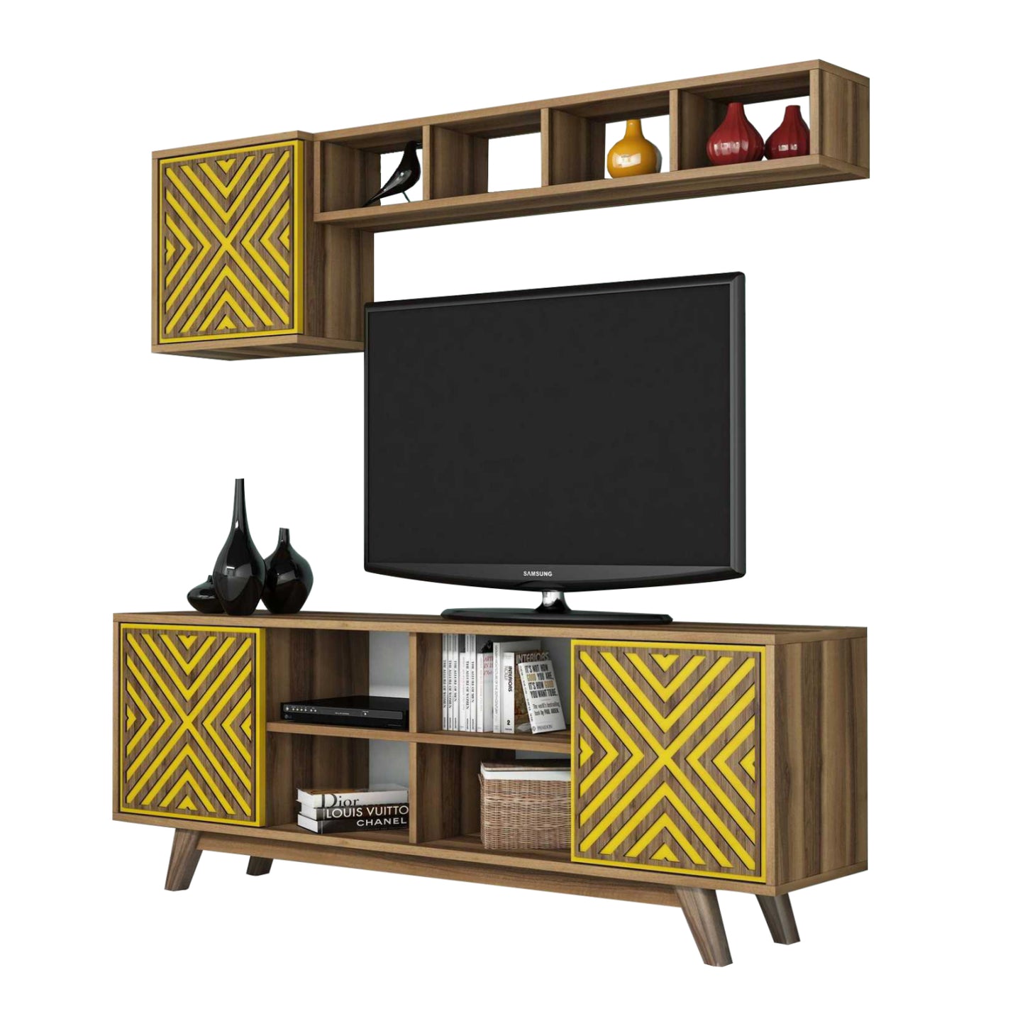 Tv Furniture Set Hm9516.04 Melamine In Walnut And Yellow 160x35x56.2hcm.