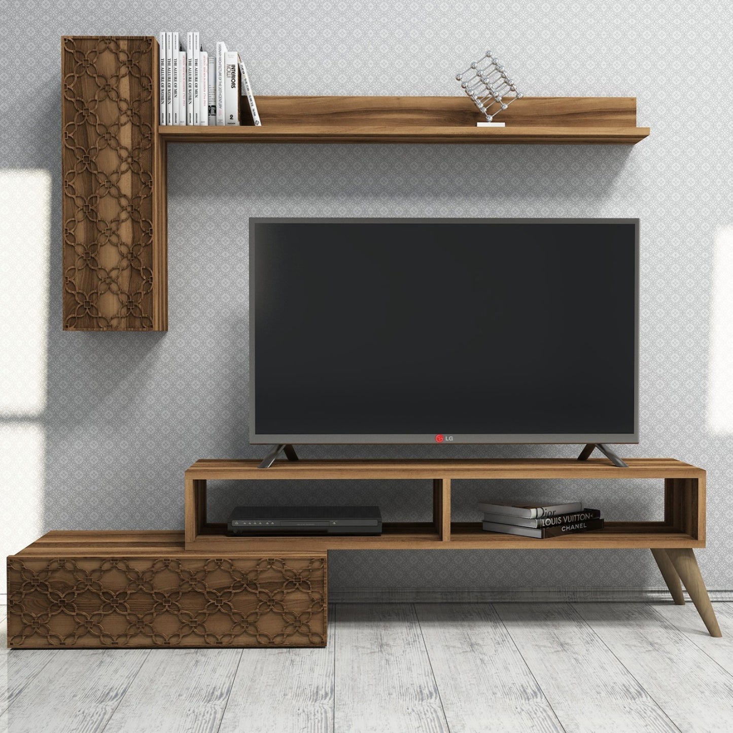 Tv Furniture Set Hm9518.03 Melamine In Walnut Color 150x37.2x37.8hcm.