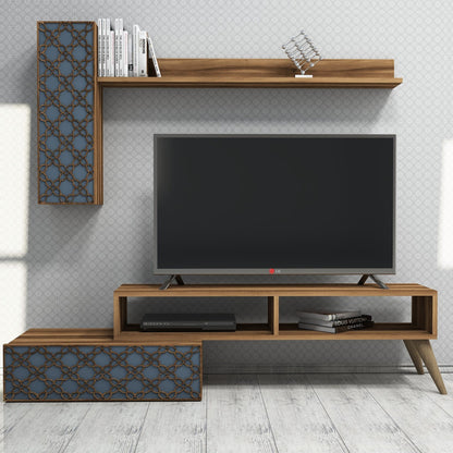 Tv Furniture Set Hm9518.01 Melamine In Walnut And Sky Blue 150x37.2x37.8hcm.