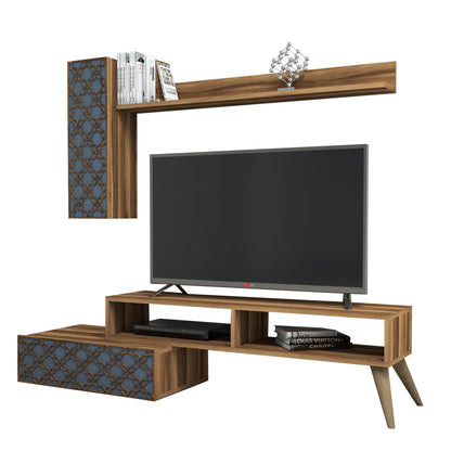 Tv Furniture Set Hm9518.01 Melamine In Walnut And Sky Blue 150x37.2x37.8hcm.