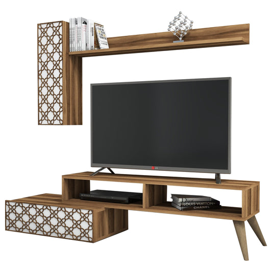 Tv Furniture Set Hm9518.04 Melamine In Walnut And White Color 150x37.2x37.8hcm.