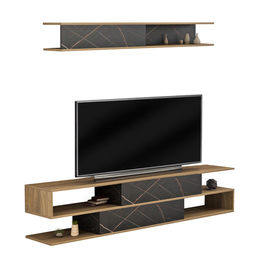 Tv Furniture Set Birgitta Hm8903.12 Melamine In Natural-black Marble 181x31,5x39,6hcm.