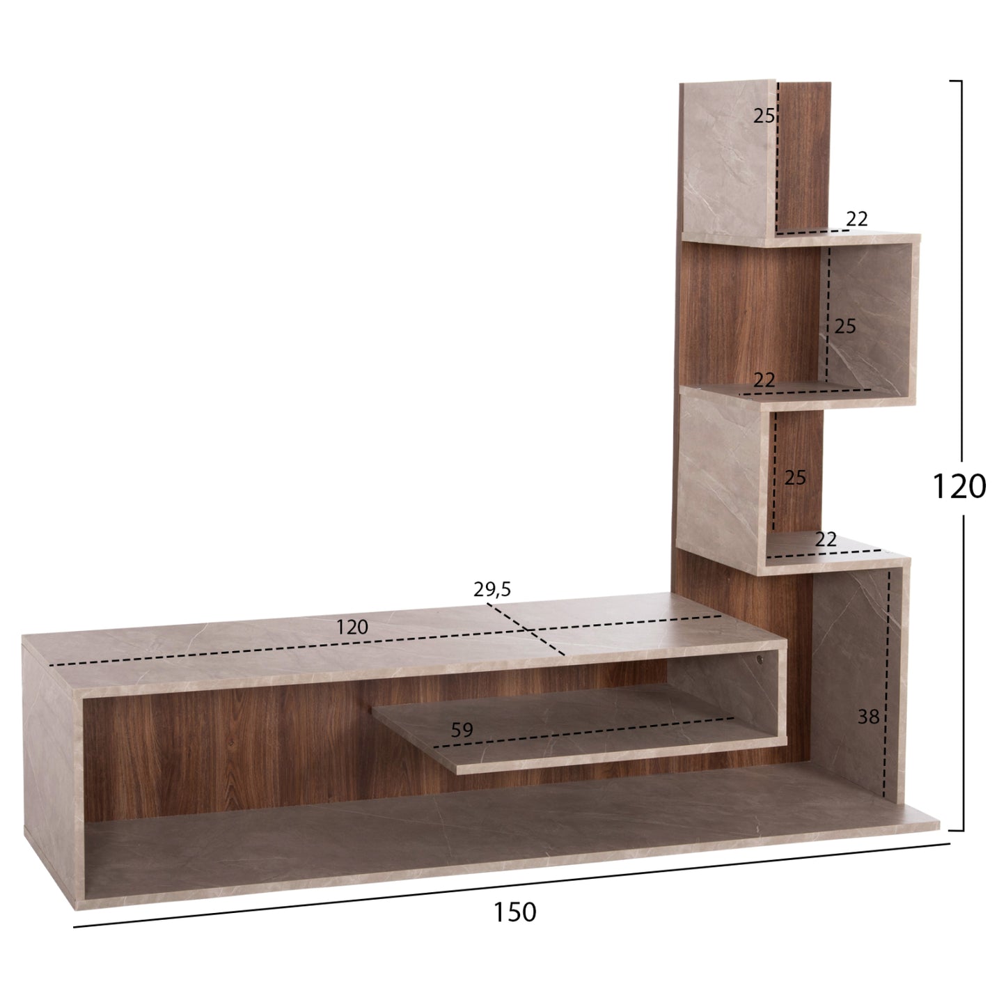 Tv Furniture Combo Edelie Hm8908.14 Melamine In Greyish Stone Texture-natural 150x29.5x120h Cm.