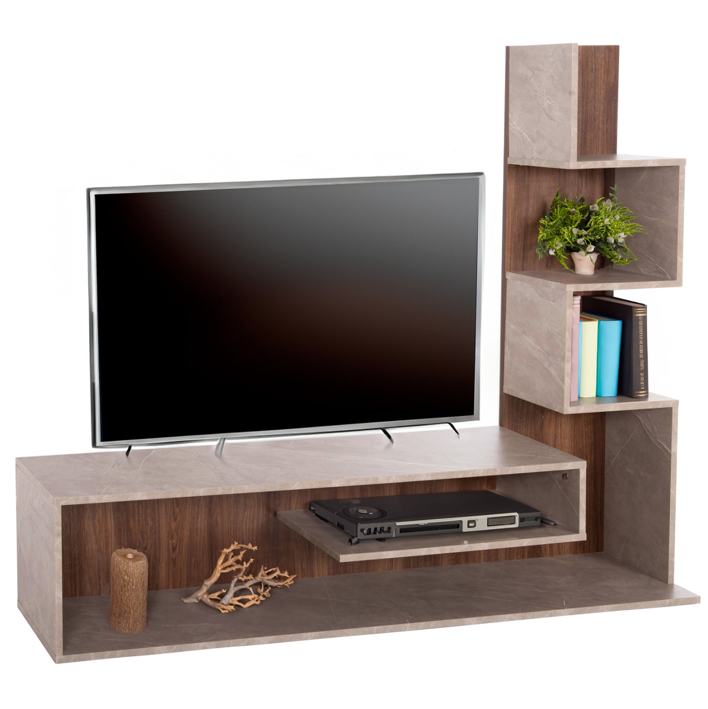 Tv Furniture Combo Edelie Hm8908.14 Melamine In Greyish Stone Texture-natural 150x29.5x120h Cm.