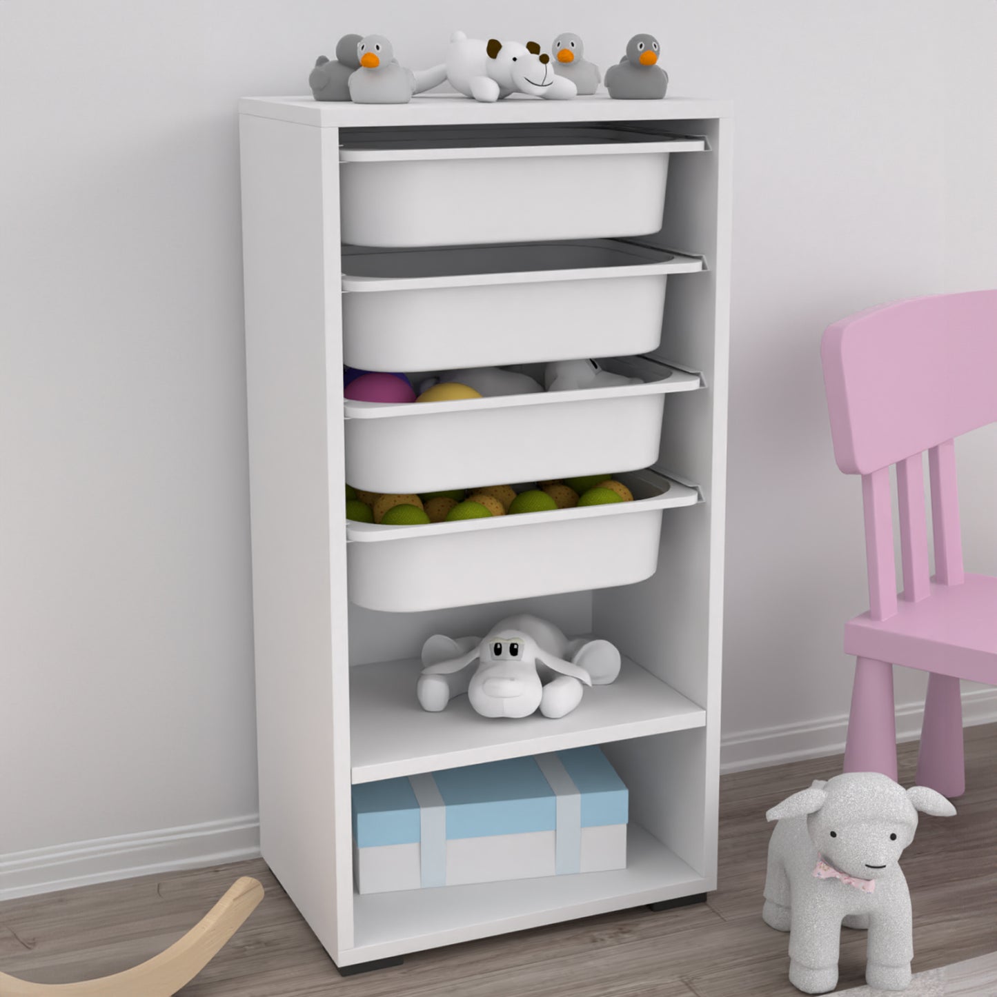 Chest Of Drawers Sani Hm18217.01 Melamine In White-4 White Drawers-shelf 45x30x90hcm.