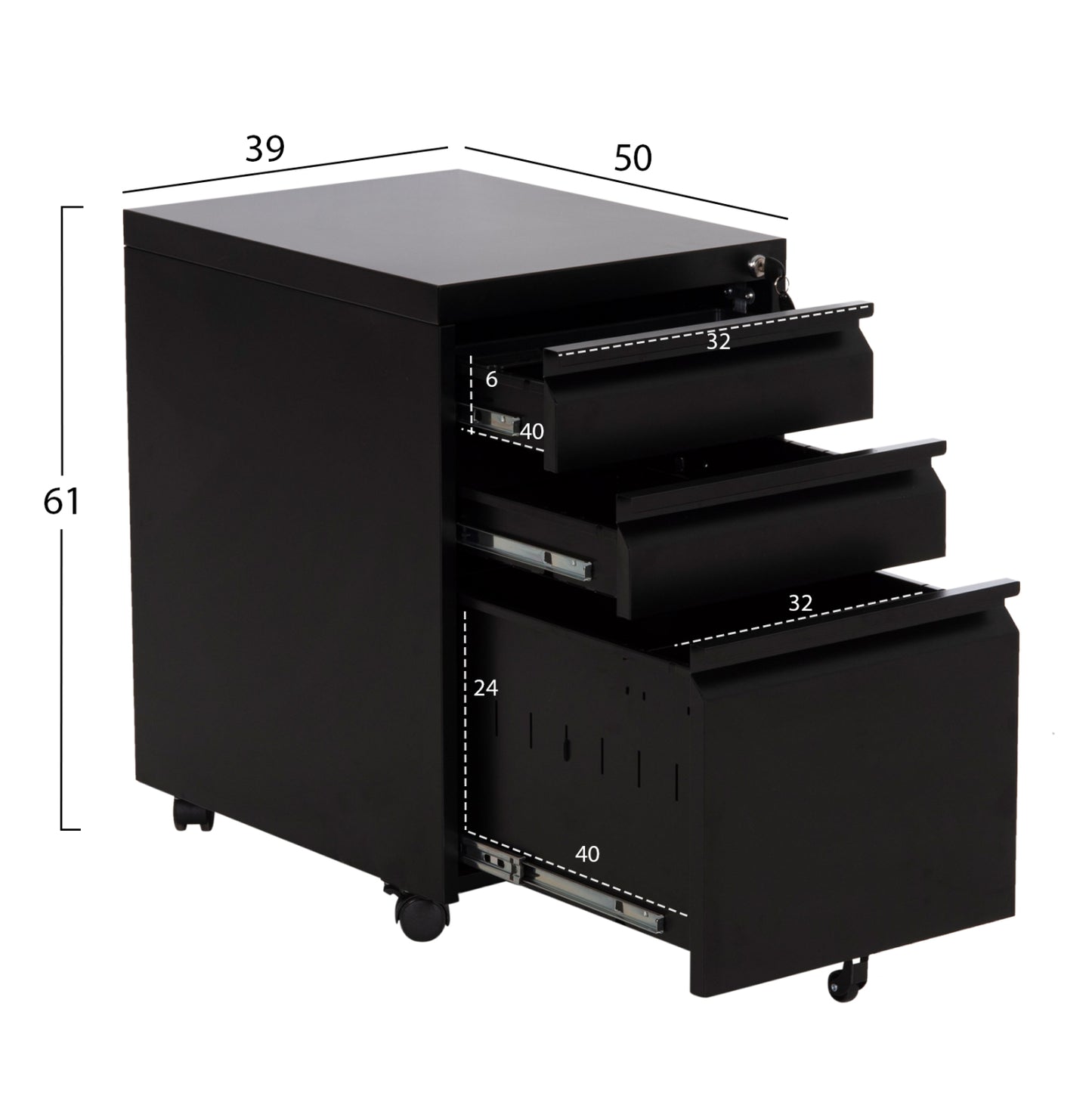 Office Chest Of Drawers Sider Hm6635.01 Metal In Black--3 Drawers With Lock 39x50x61hcm.