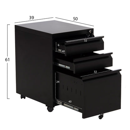 Office Chest Of Drawers Sider Hm6635.01 Metal In Black--3 Drawers With Lock 39x50x61hcm.