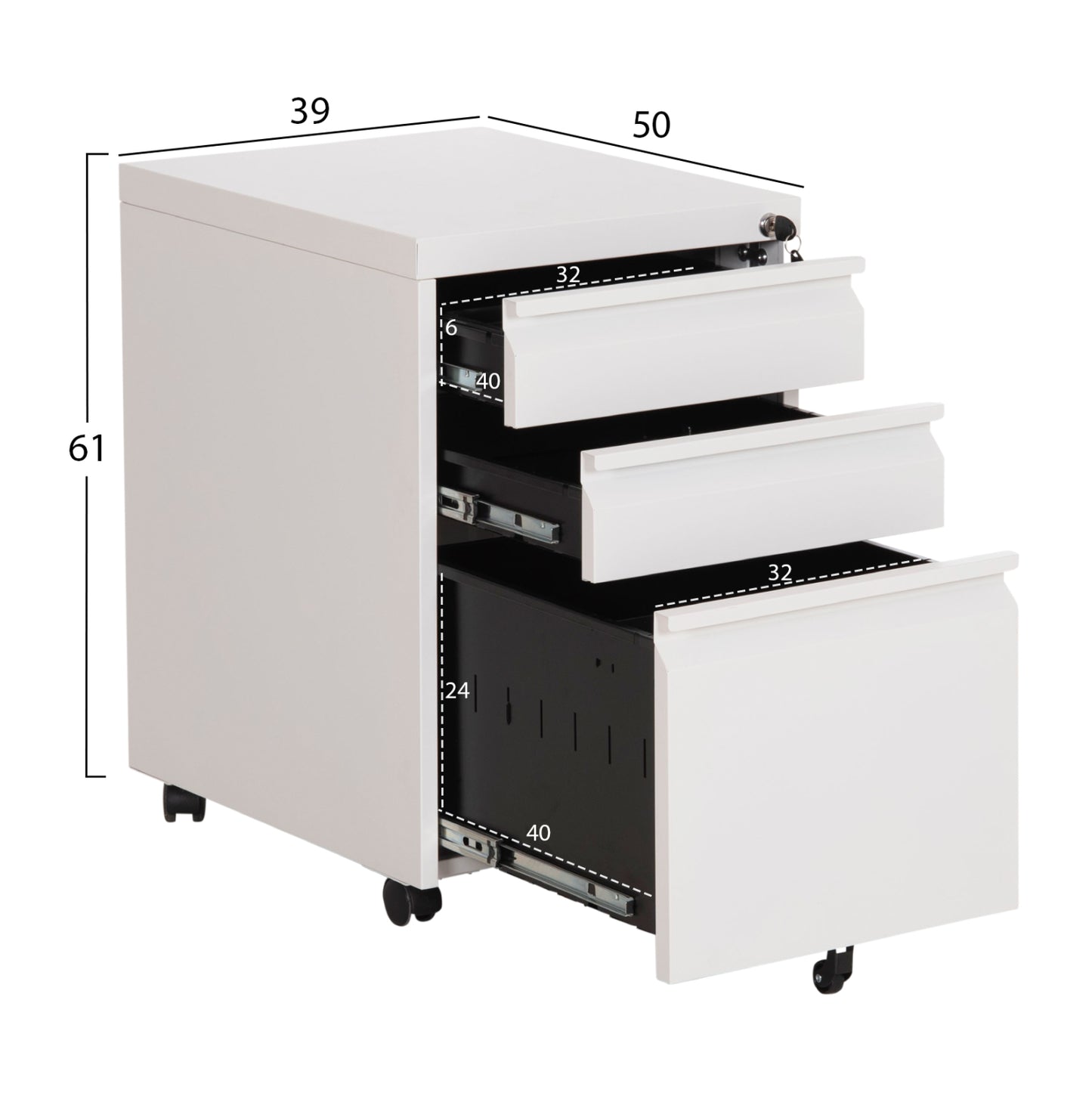 Office Chest Of Drawers Sider Hm6635.02 Metal In White--3 Drawers With Lock 39x50x61hcm.