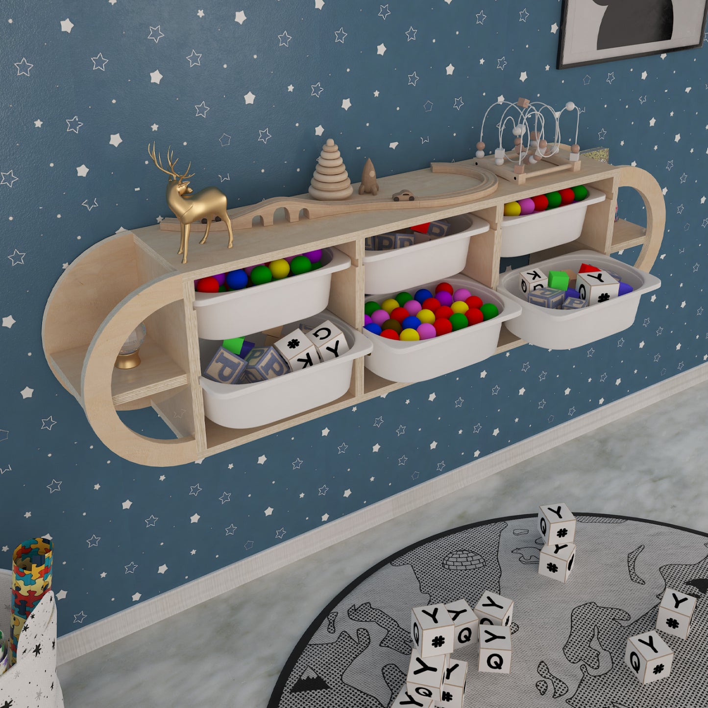 Wall Chest Of Drawers Kiks Hm18228.03 Birch Wood & 6 White P.e. Drawers 126x26x33hcm.