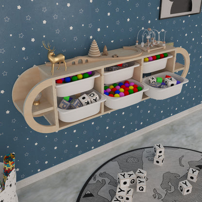 Wall Chest Of Drawers Kiks Hm18228.03 Birch Wood & 6 White P.e. Drawers 126x26x33hcm.