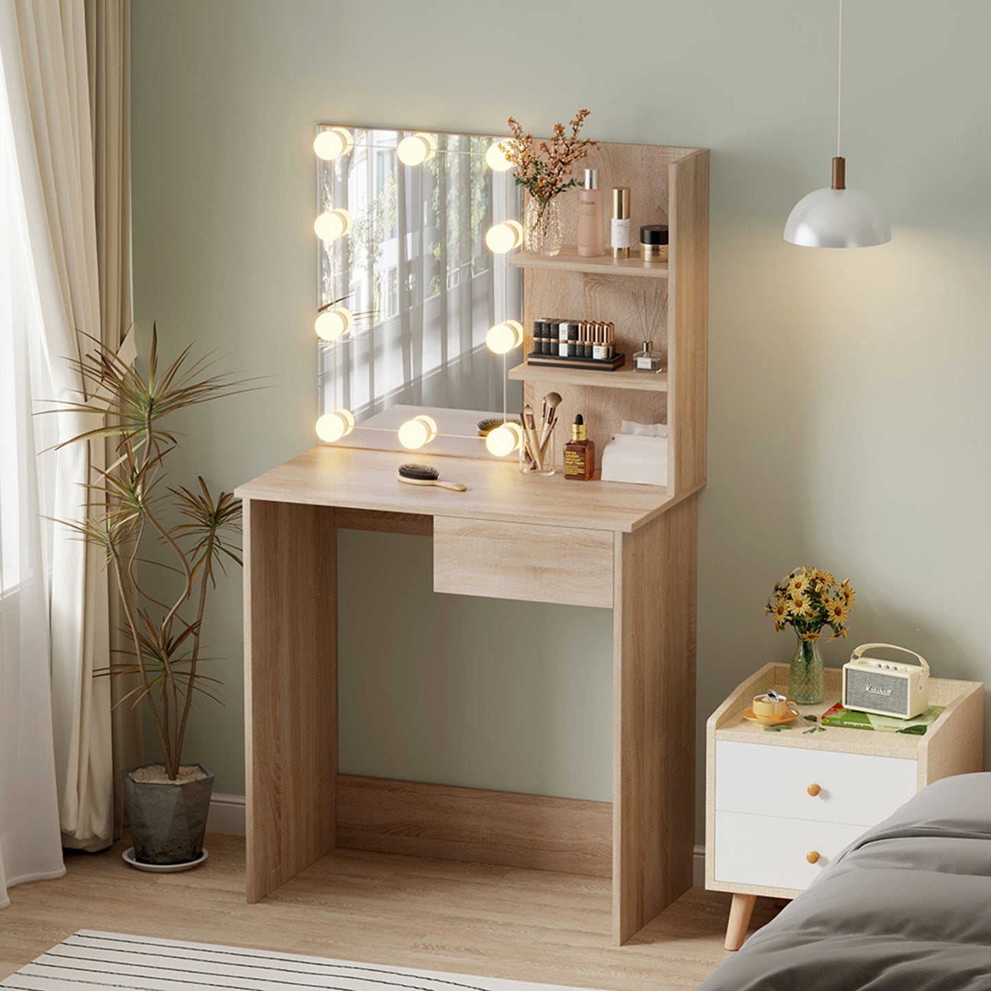Dressing Table With Led Lights & Shelves Lauryn Hm2501.01 Melamine In Sonama 75x40x134.5hcm.