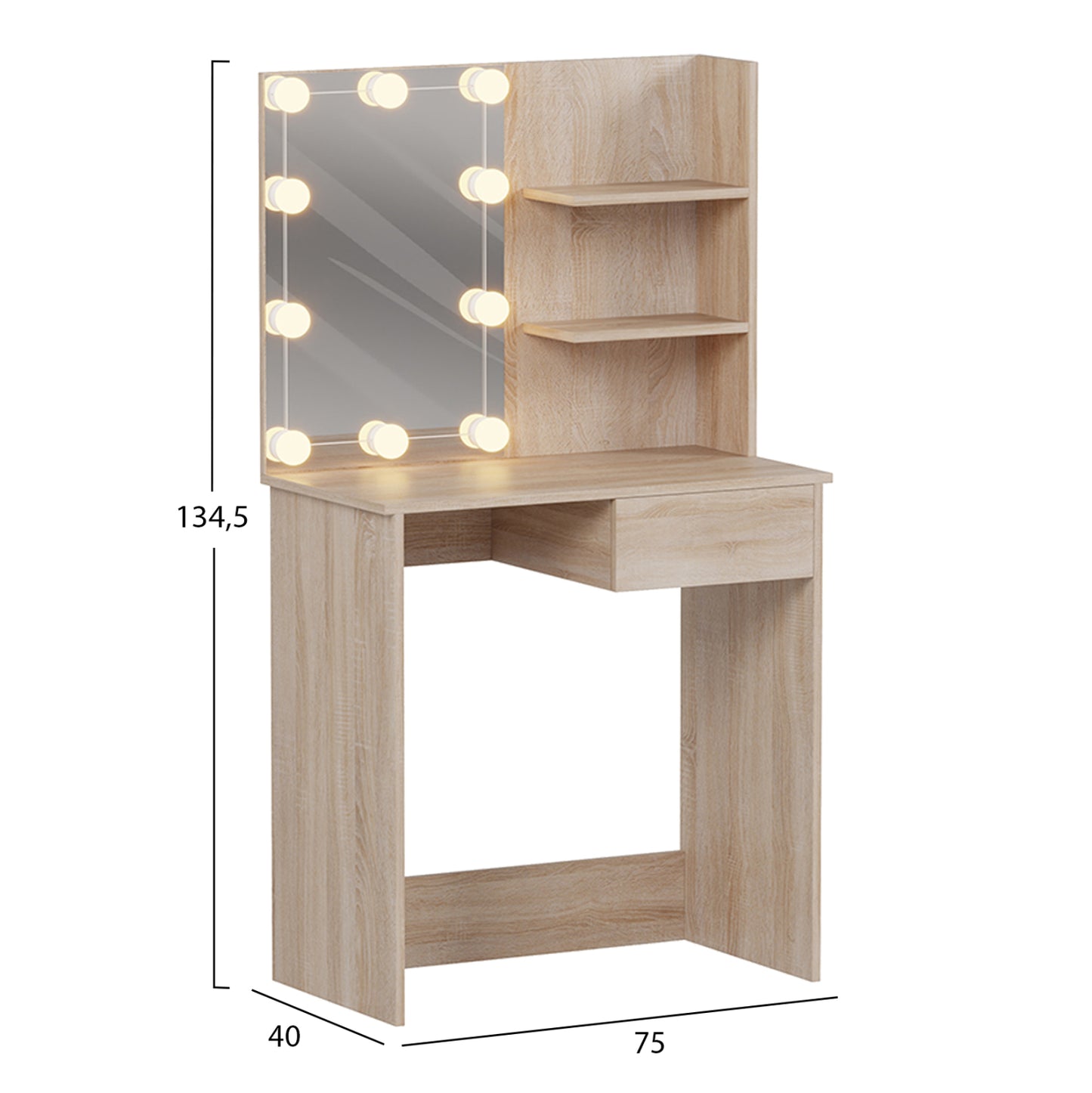 Dressing Table With Led Lights & Shelves Lauryn Hm2501.01 Melamine In Sonama 75x40x134.5hcm.