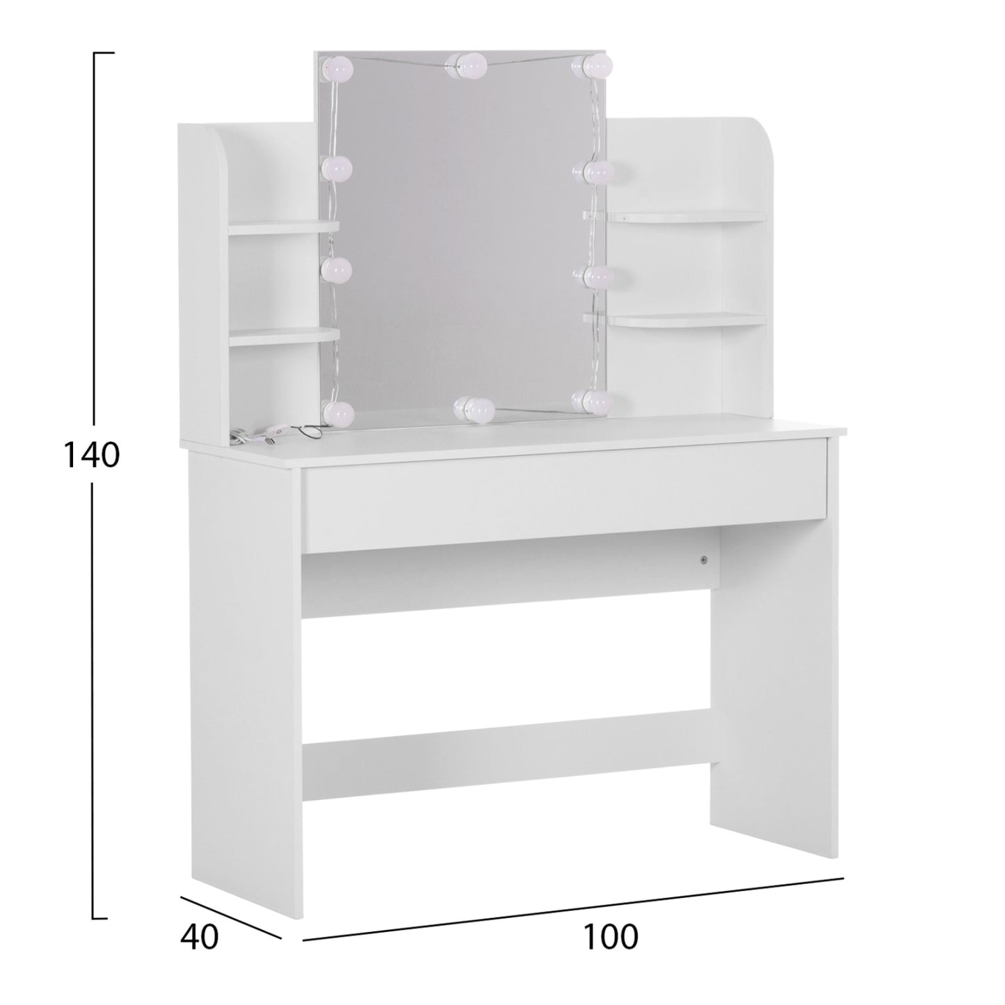 Dressing Table With Led Lights-shelves-drawers Lauryn Hm2502.03 White Color 108x40x140hcm.