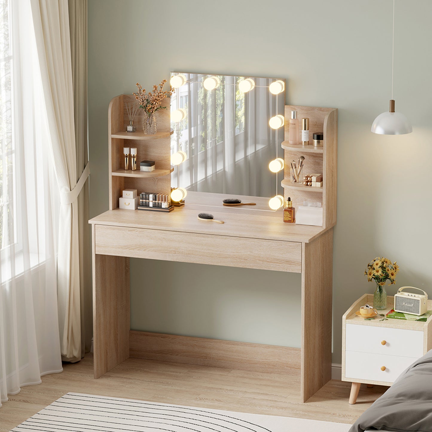 Dressing Table With Led Lights-shelves-drawers Lauryn Hm2502.01 Sonama Color 108x40x140hcm.