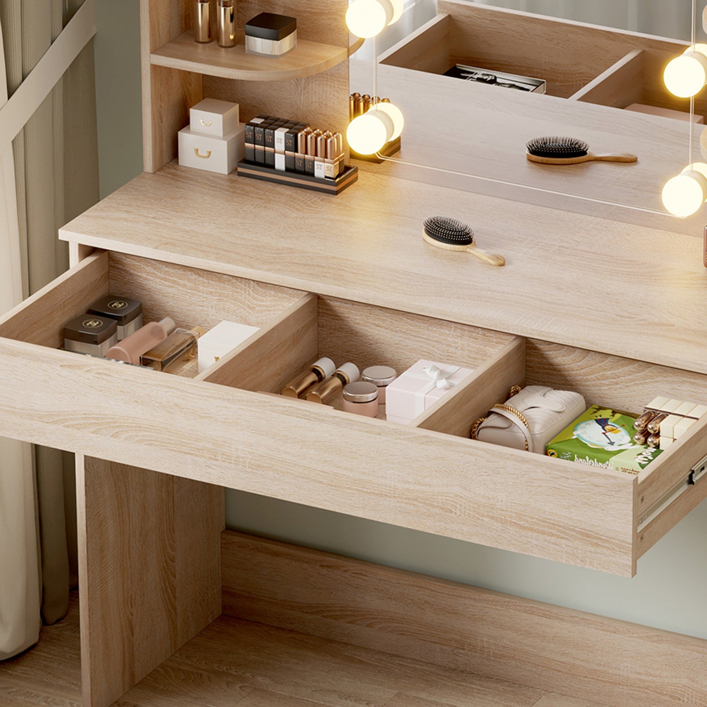 Dressing Table With Led Lights-shelves-drawers Lauryn Hm2502.01 Sonama Color 108x40x140hcm.