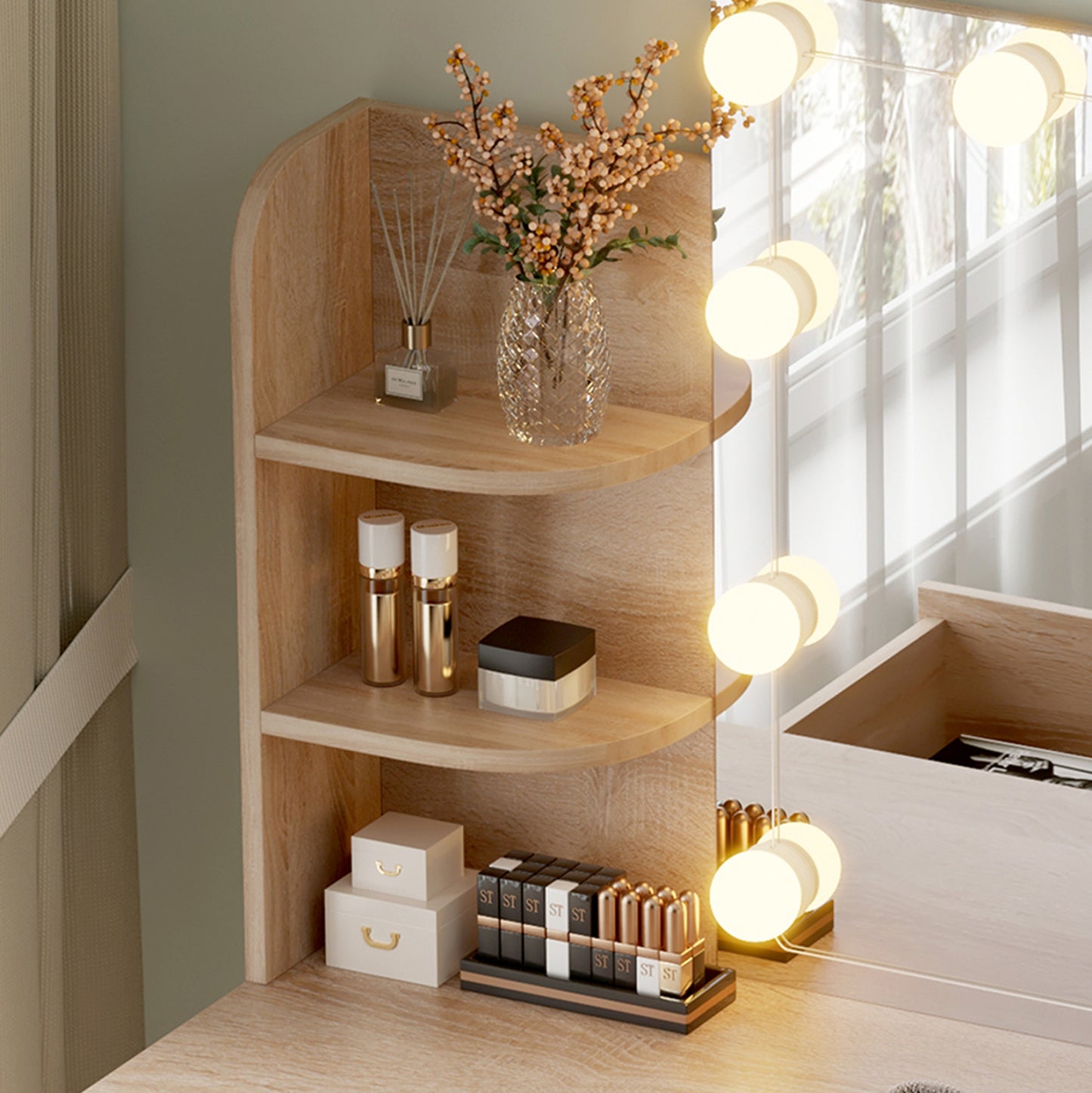 Dressing Table With Led Lights-shelves-drawers Lauryn Hm2502.01 Sonama Color 108x40x140hcm.