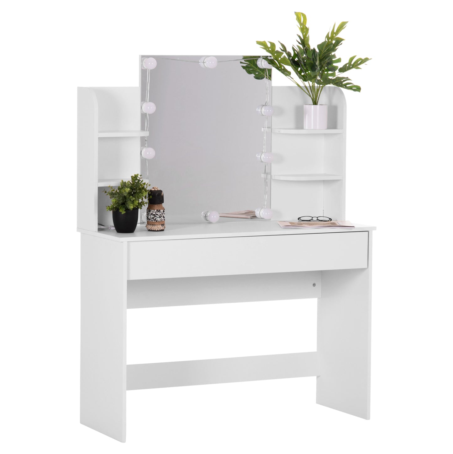 Dressing Table With Led Lights-shelves-drawers Lauryn Hm2502.03 White Color 108x40x140hcm.
