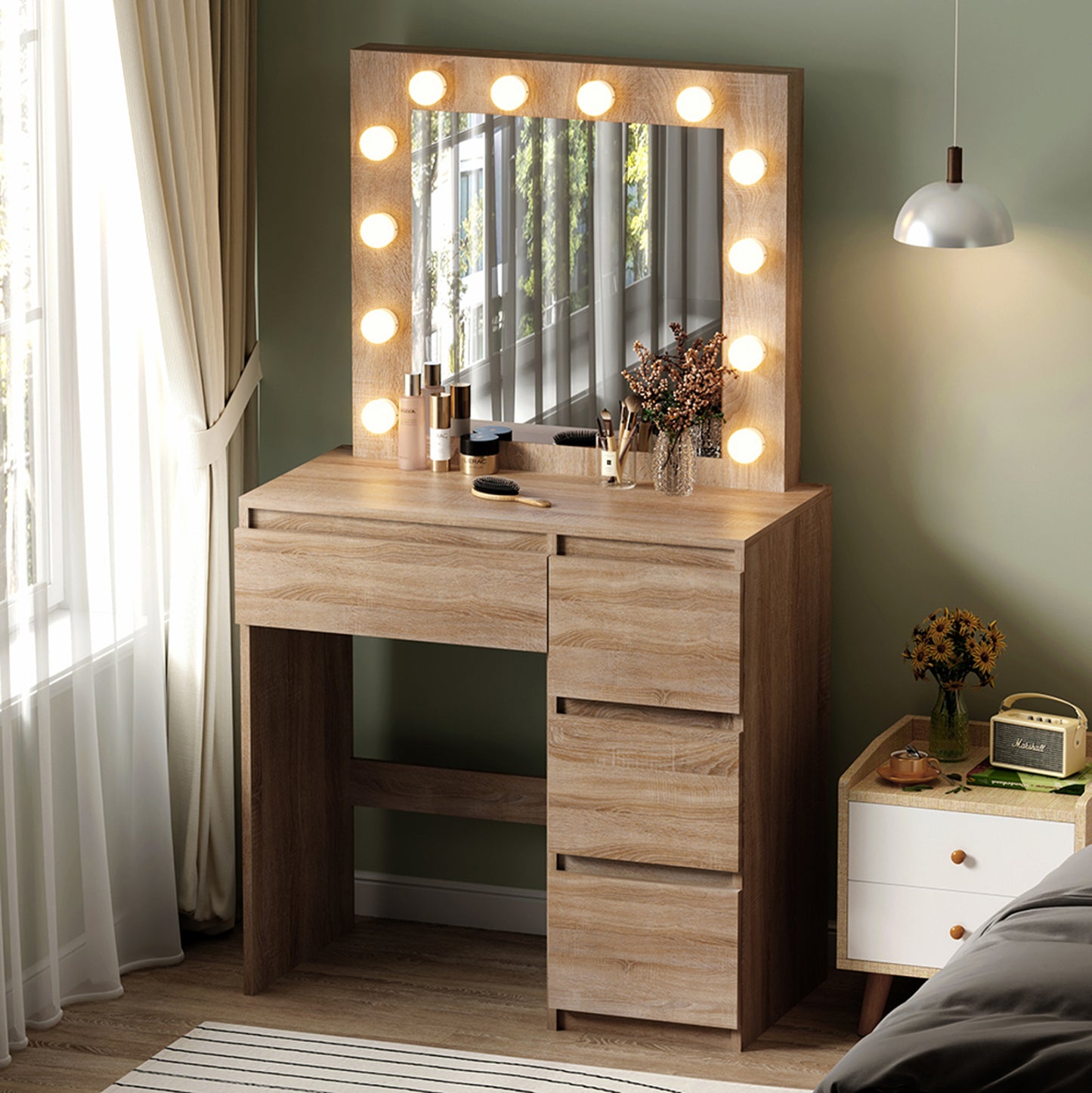 Dressing Table With Led Lights & Drawers Keitlin Hm2499.01 Melamine In Sonama 80x40x140hcm.