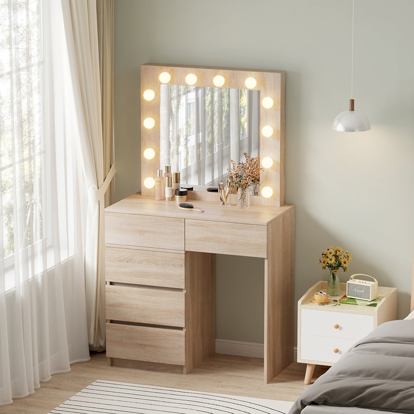 Dressing Table With Led Lights & Drawers Beyon Hm2500.01 Melamine In Sonama 112.5x40.5x140hcm.