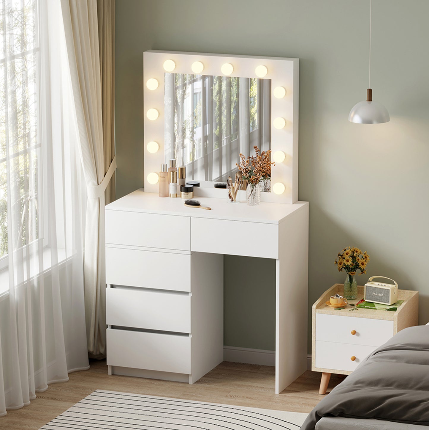 Dressing Table With Led Lights & Drawers Beyon Hm2500.03 Melamine In White 80x40x140hcm.