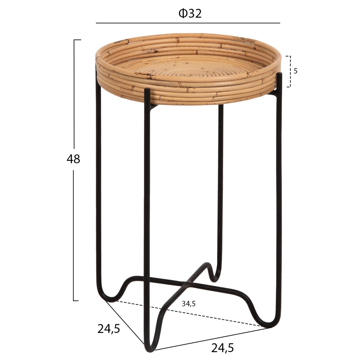 Round Side Table Fly Hm7905 Rattan In Natural Color-black Metal Base Φ32x48hcm.