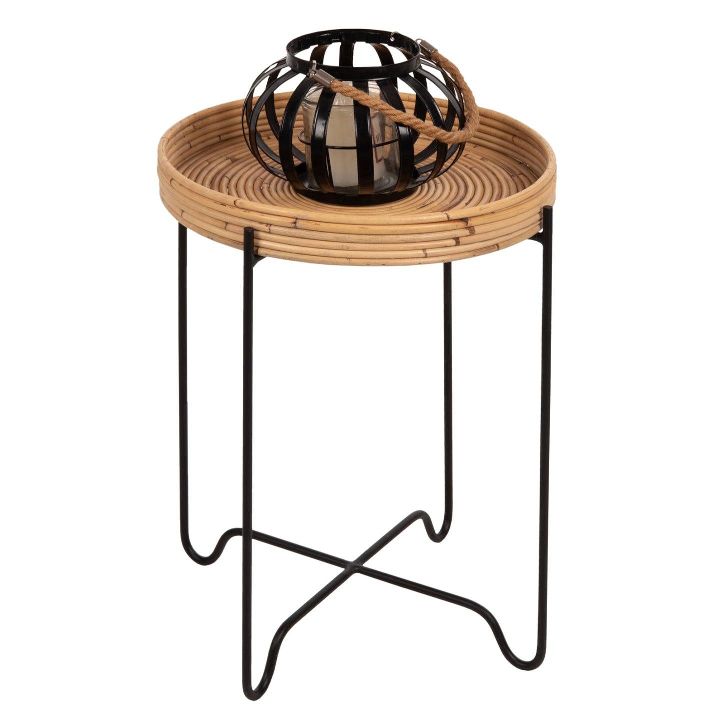 Round Side Table Fly Hm7906 Rattan In Natural Color-black Metal Base Φ40x53hcm.