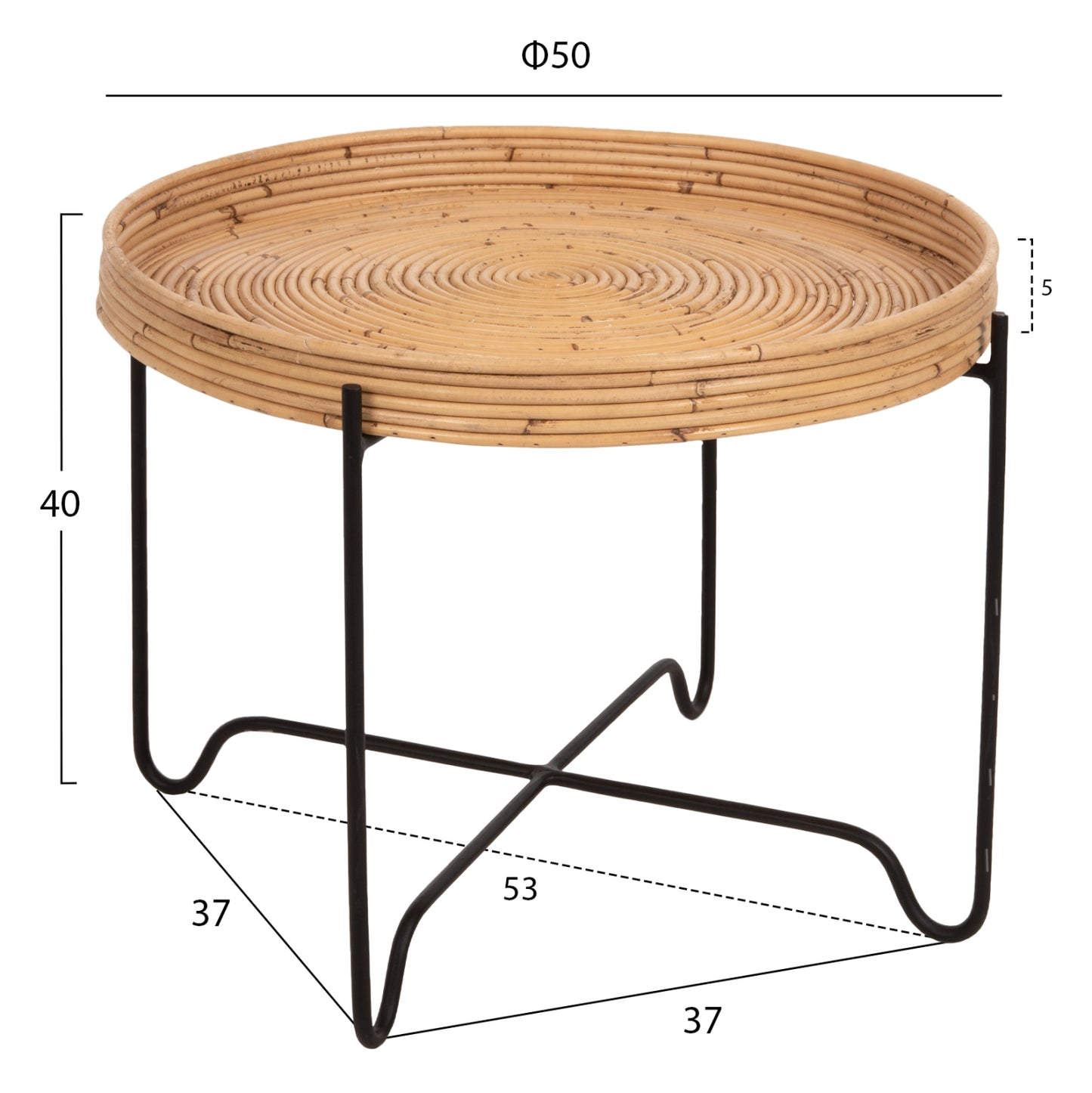 Round Side Table Fly Hm7907 Rattan In Natural Color-black Metal Base Φ50x40hcm.