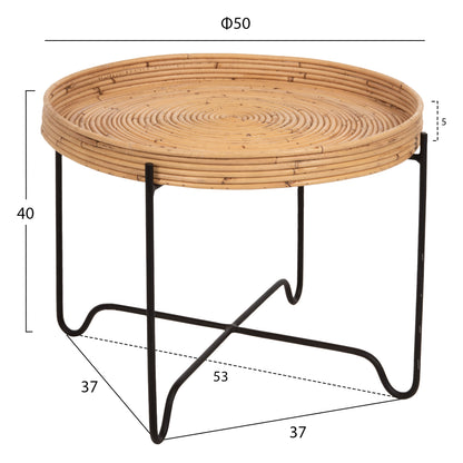 Round Side Table Fly Hm7907 Rattan In Natural Color-black Metal Base Φ50x40hcm.