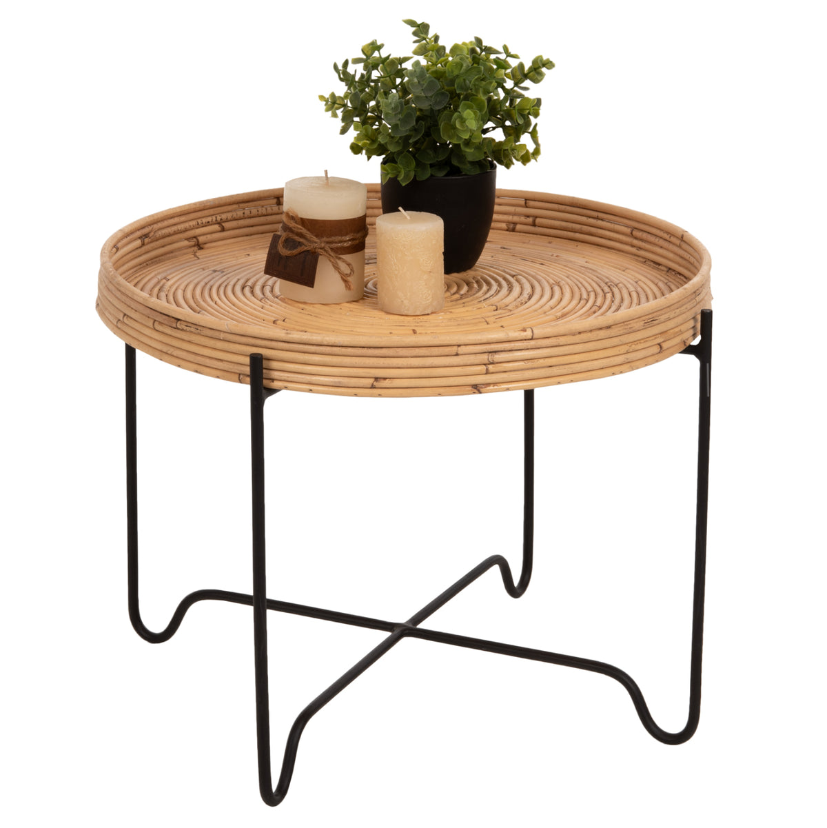 Round Side Table Fly Hm7907 Rattan In Natural Color-black Metal Base Φ50x40hcm.